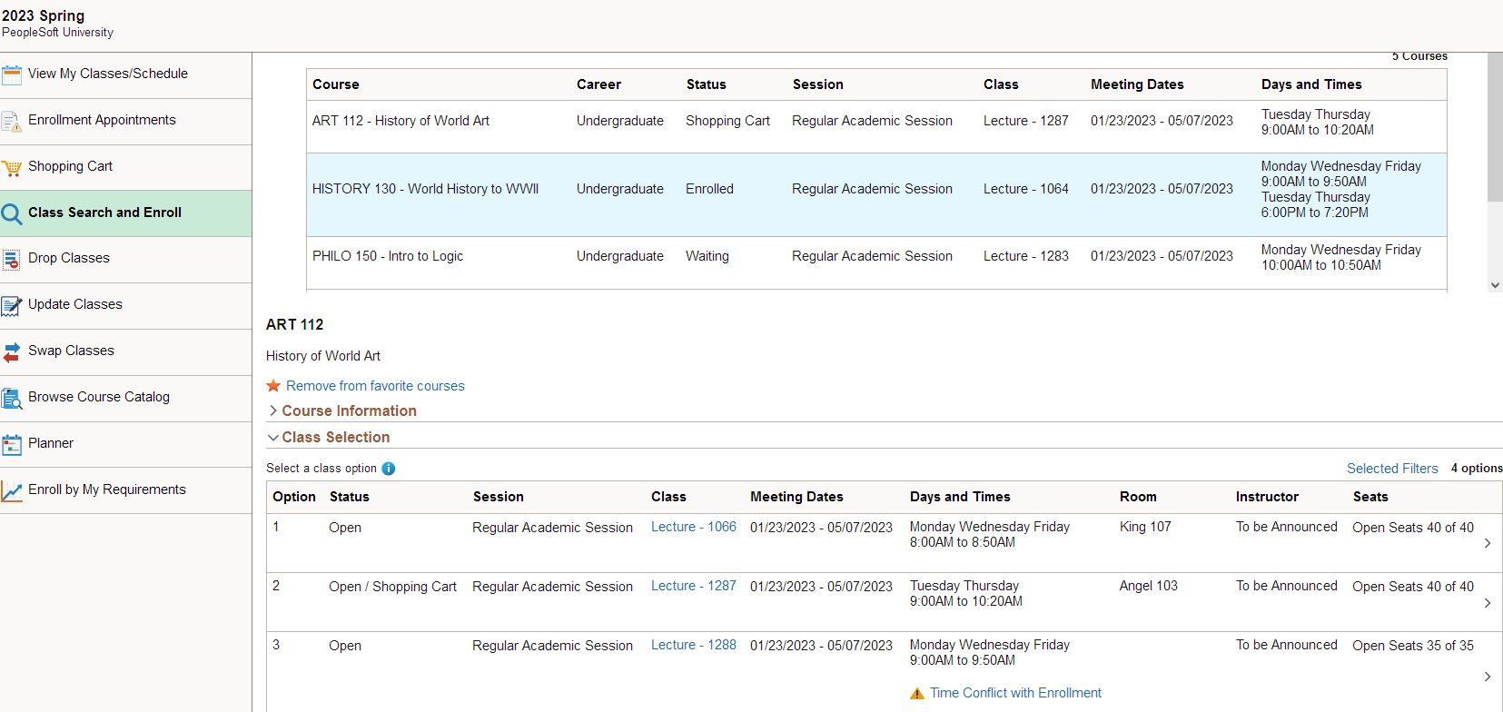 Class Search and Enroll - Time Conflict Example page