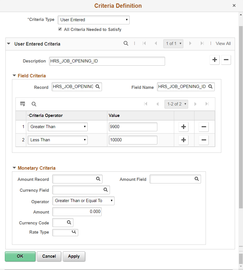 Criteria Definition page showing criteria type User Entered