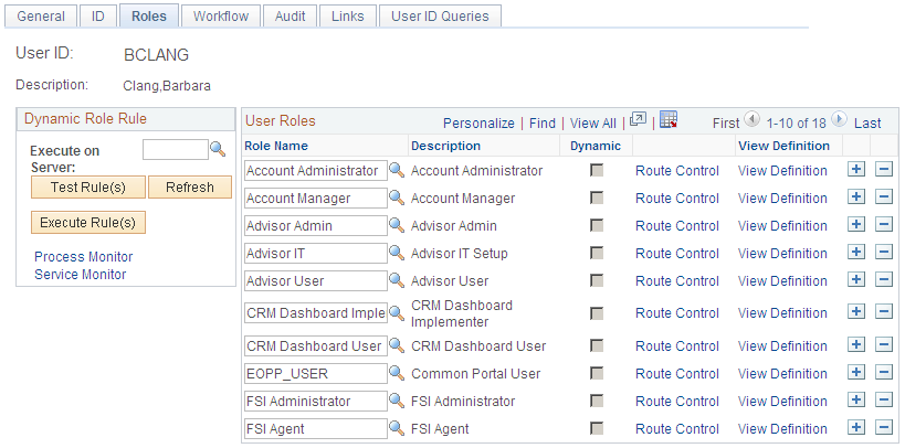 User Profiles - Roles page