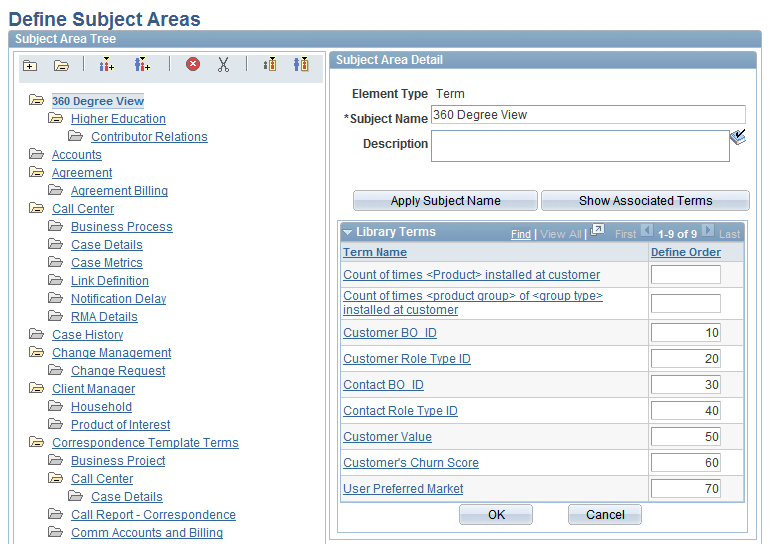 Define Subject Areas page