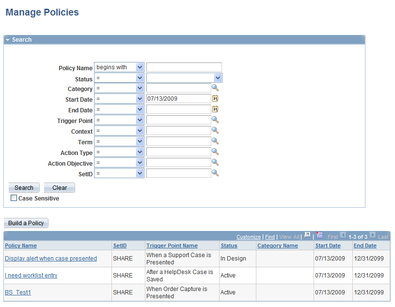 Manage Policies - Search page