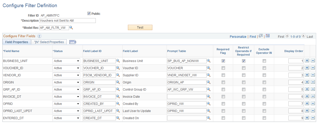 Configure Filter Definition page