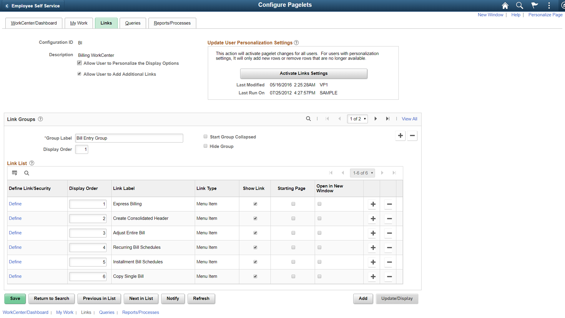 Configure Pagelets - Link page