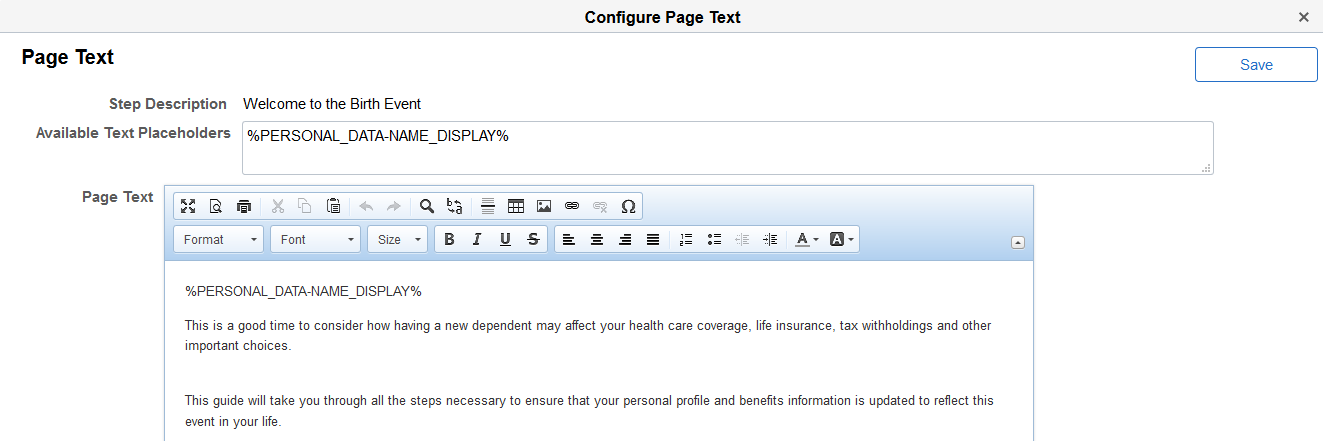 Configure Page Text page