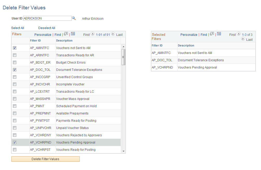 Delete Filter Values page