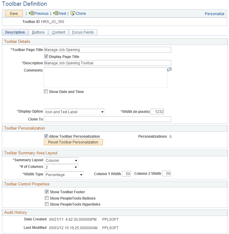 Toolbar Definition - Description page