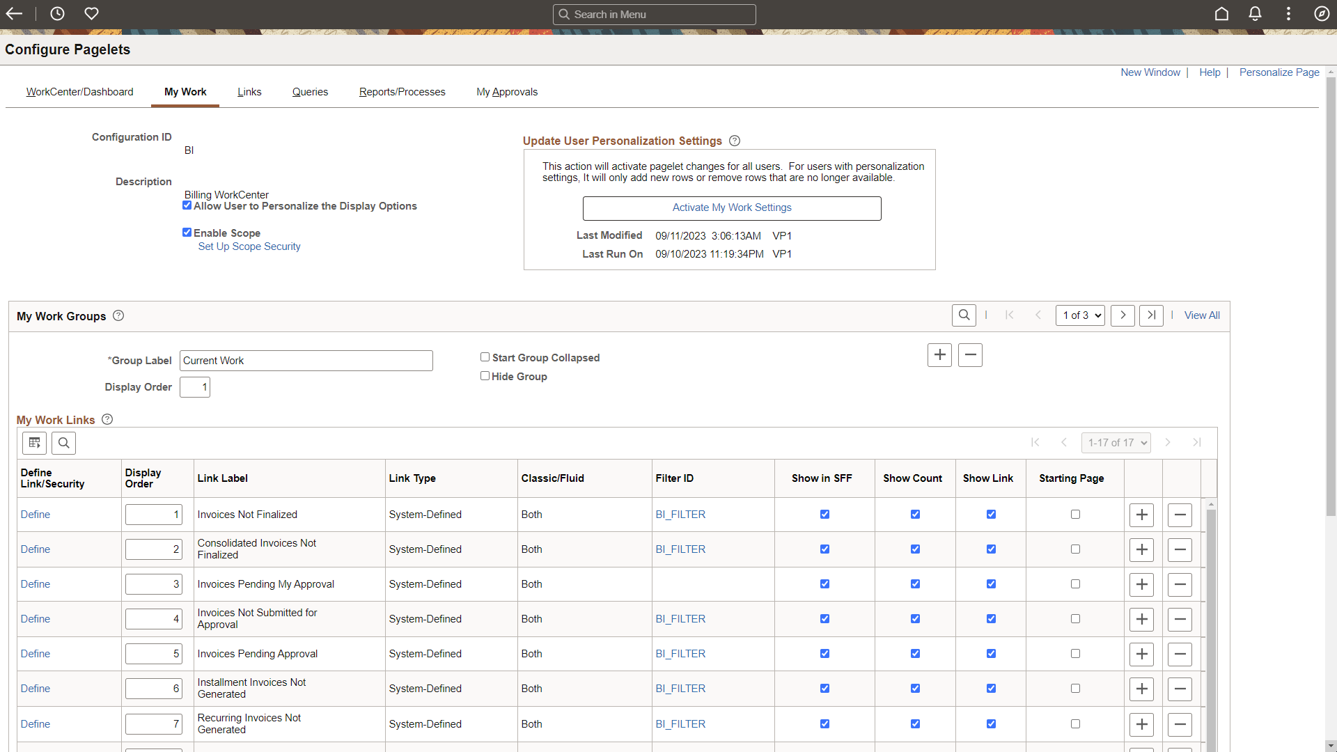 Configure Pagelets - My Work