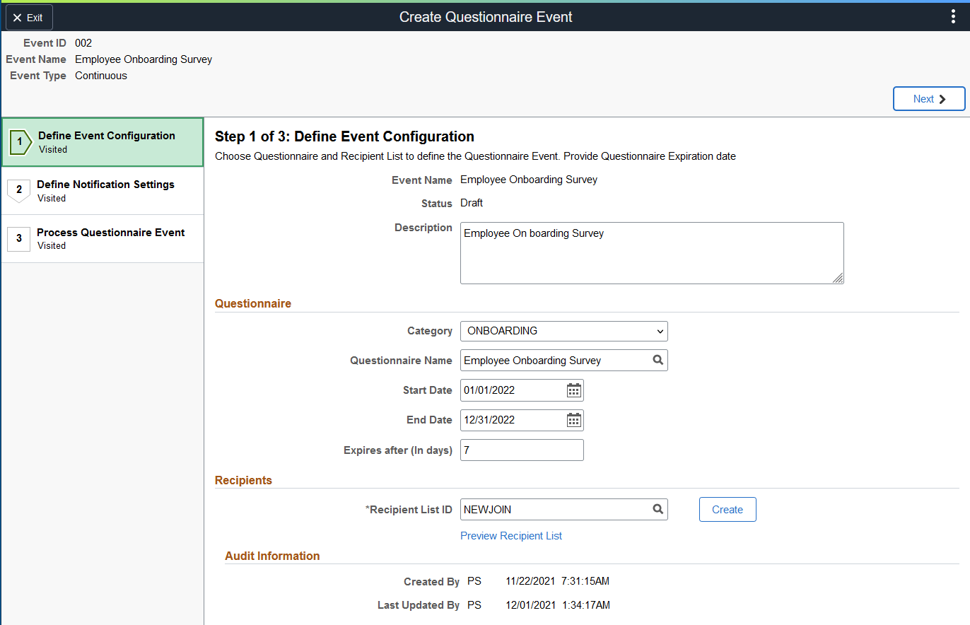 Define Event Configuration page