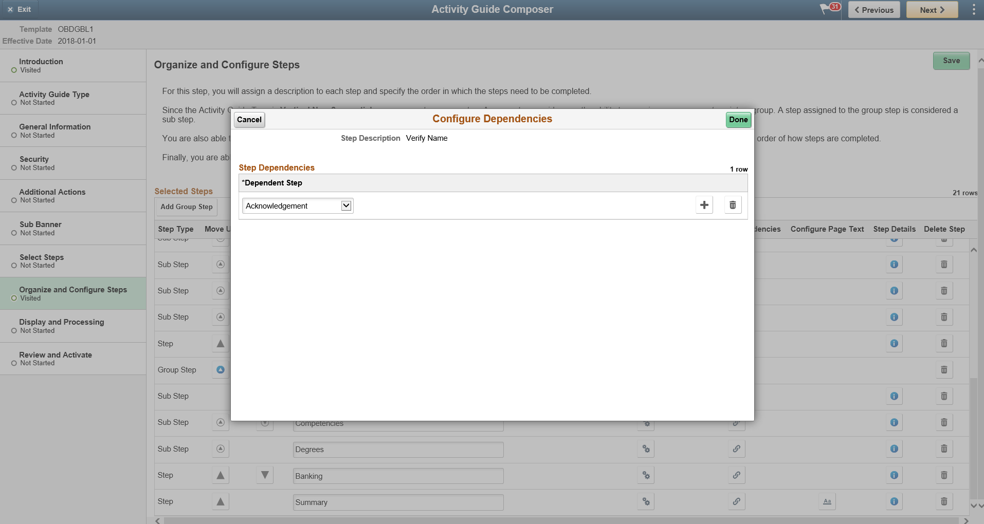 Configuring subsequent steps as Dependent