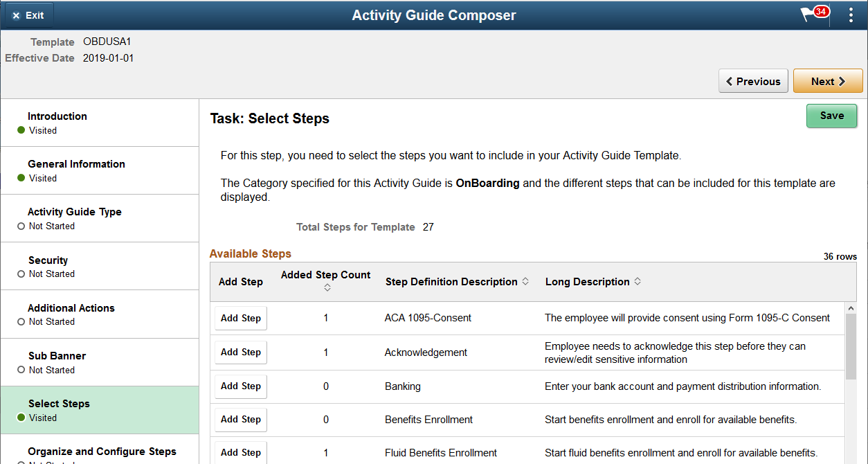 Activity Guide Composer - Select Steps Page