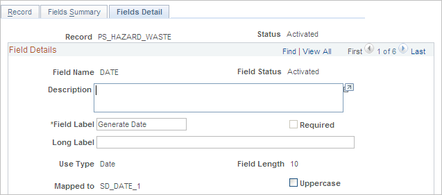 Define Record - Fields Detail page
