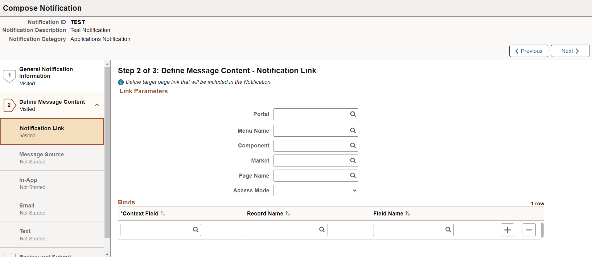 Define Message Content - Notification Link page