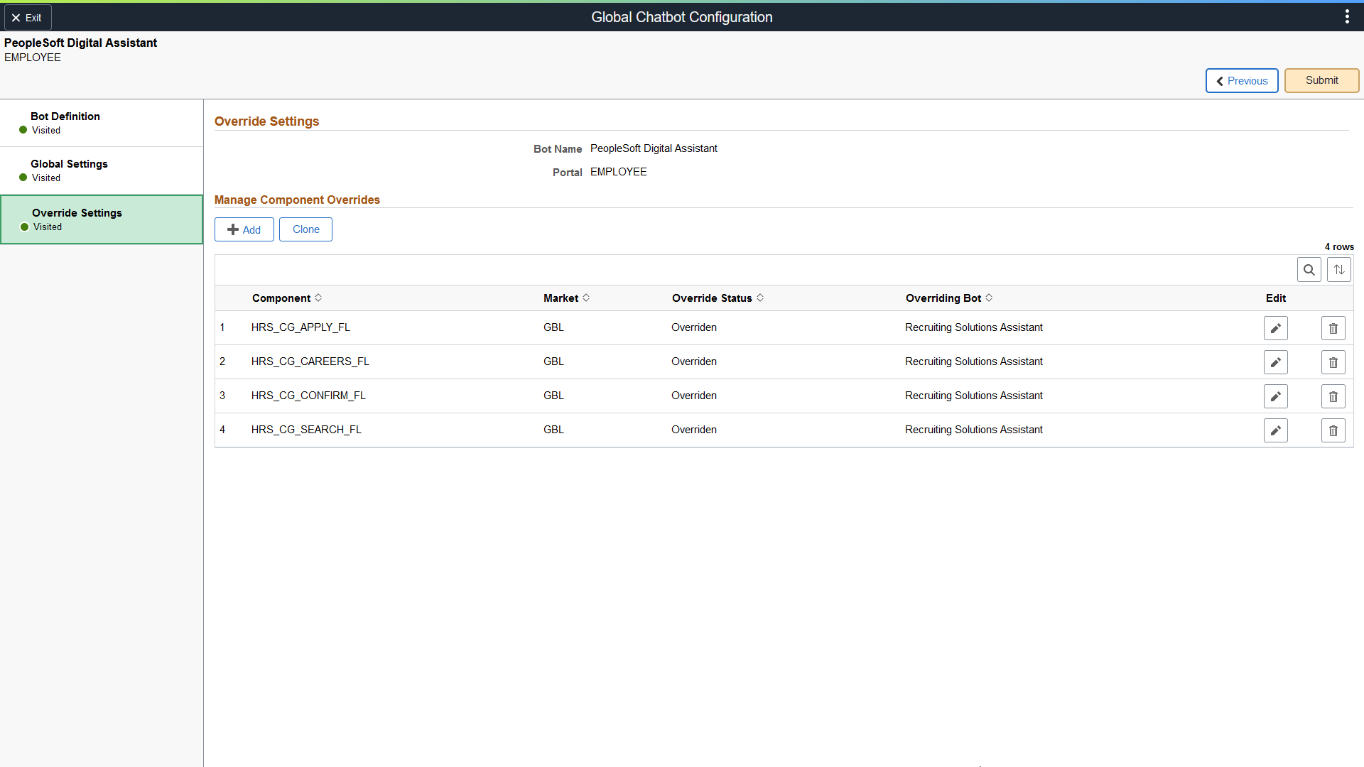 Global Chatbot Configuration - Override Settings page