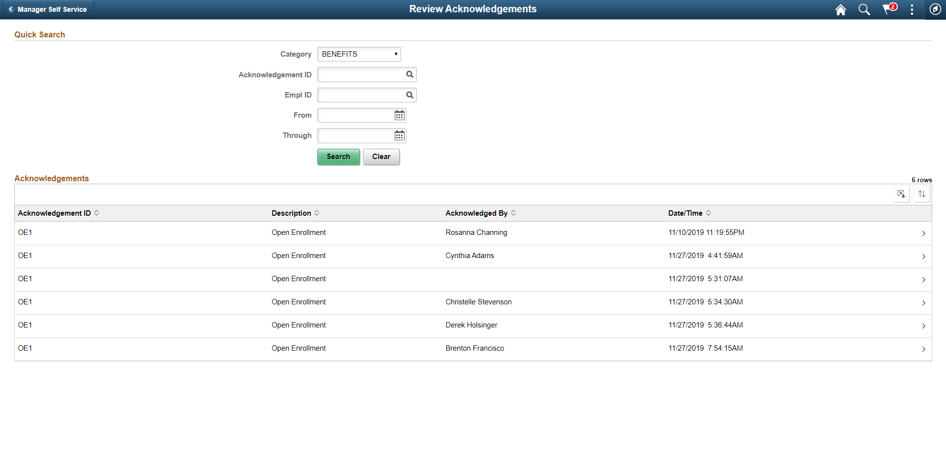 Review Acknowledgements page for Admin user