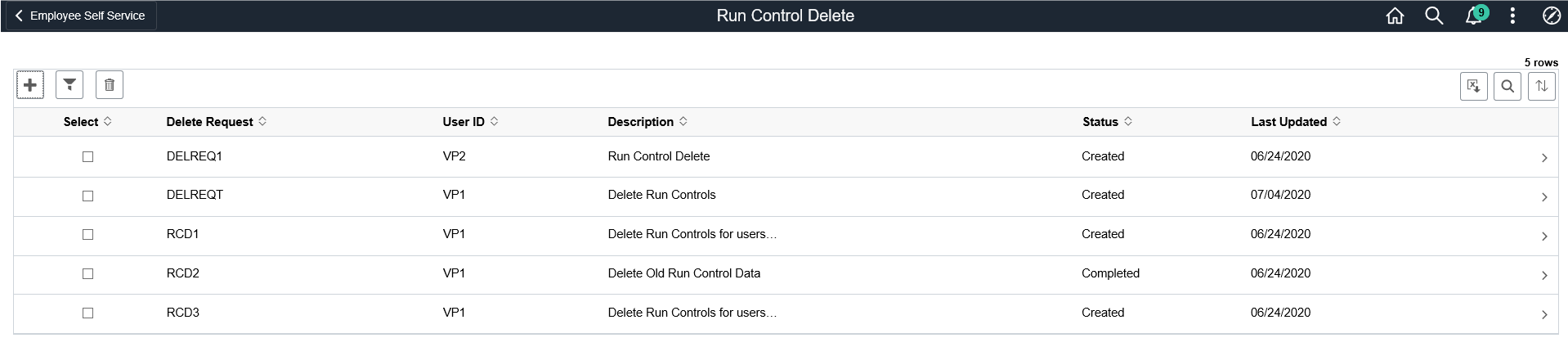 Run Control Delete page