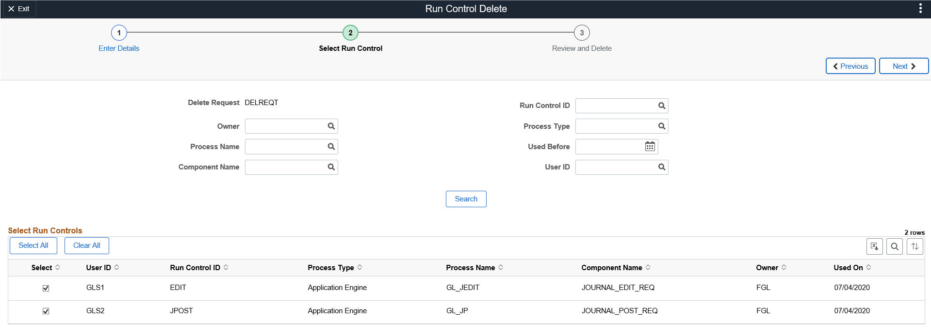 Select Run Control page