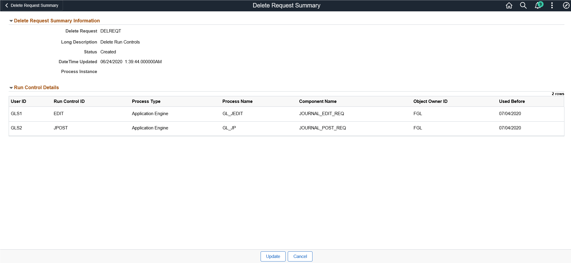 Delete Request Summary page