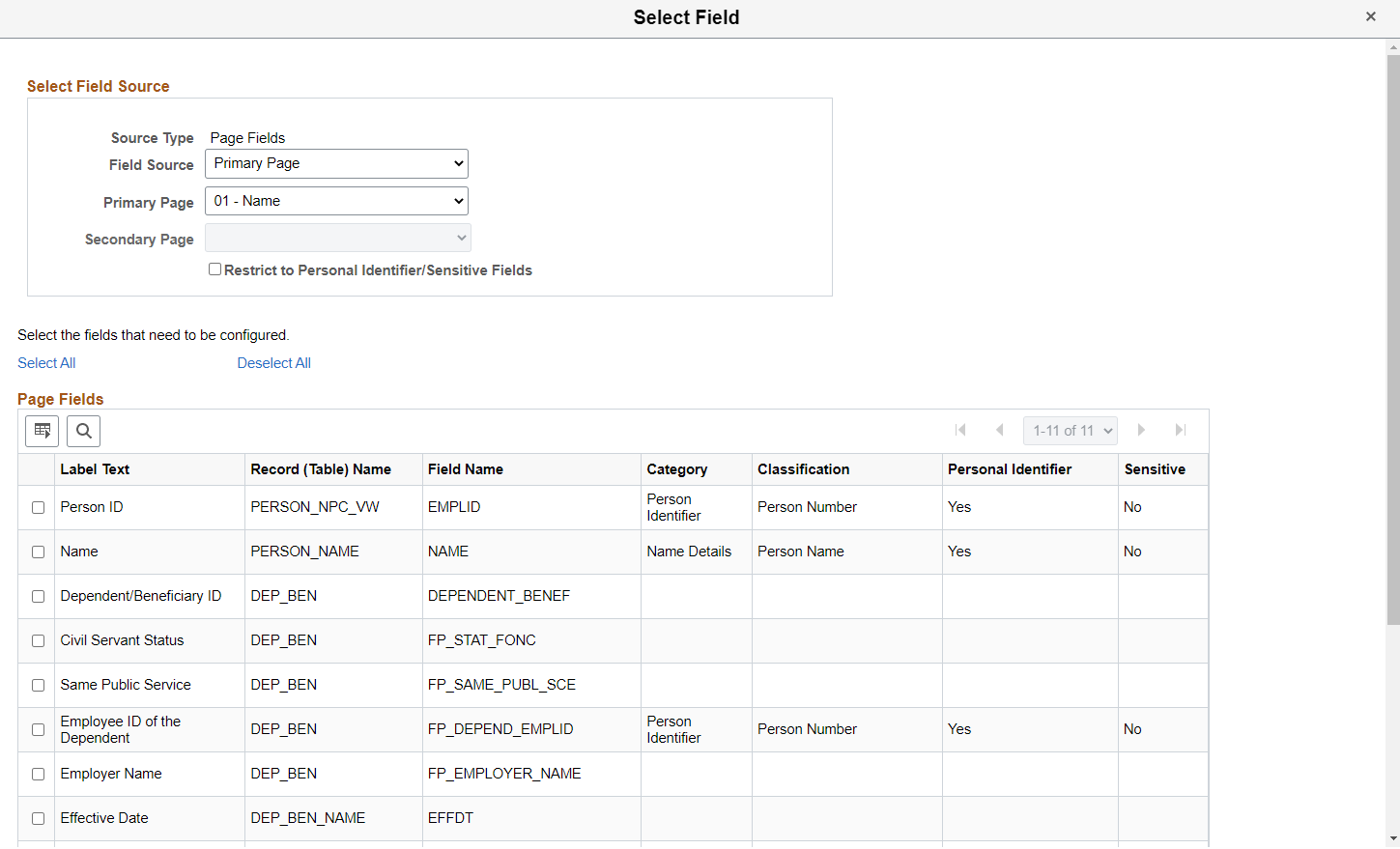 Select fields for masking