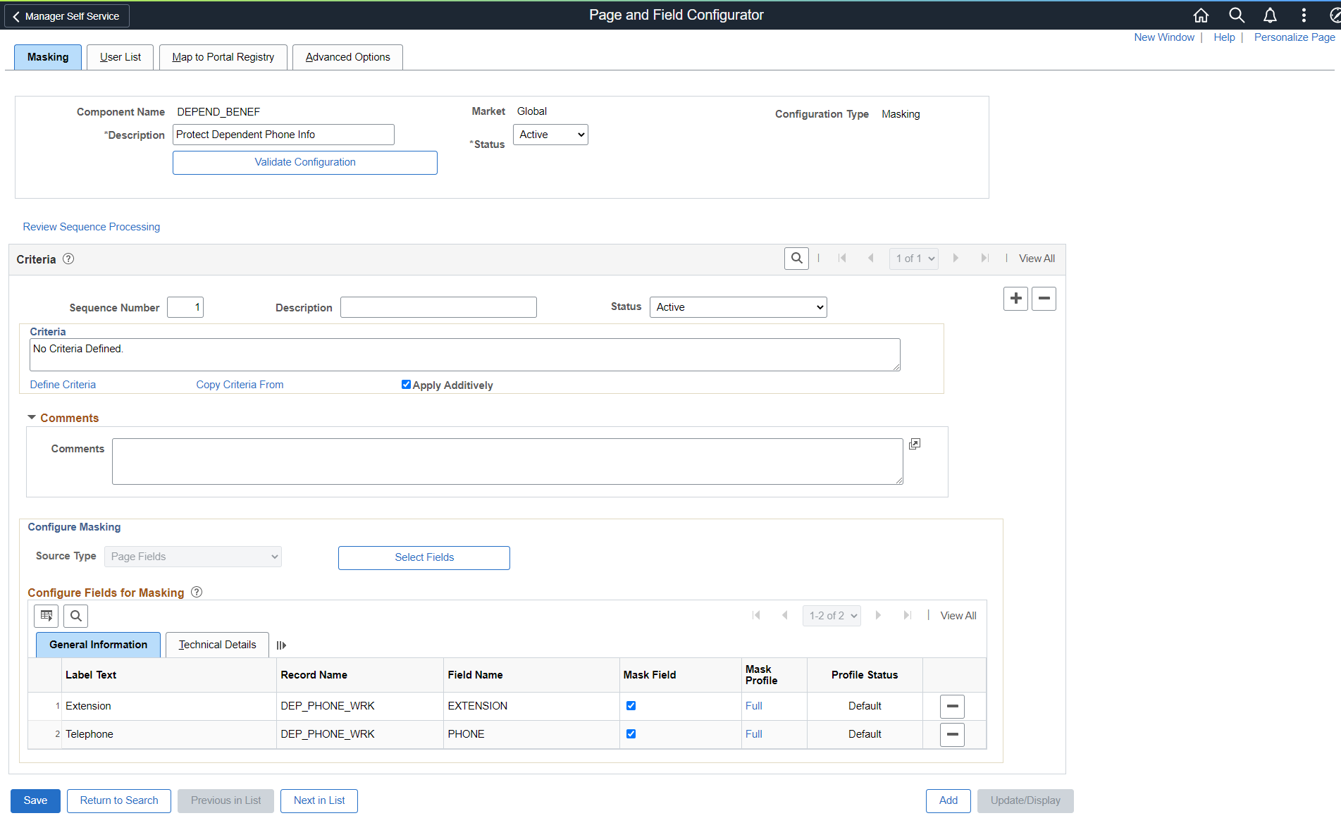 Masking page in Page and Field Configurator