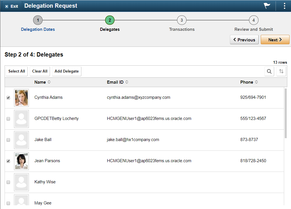 Create Delegation Request Select Delegates page