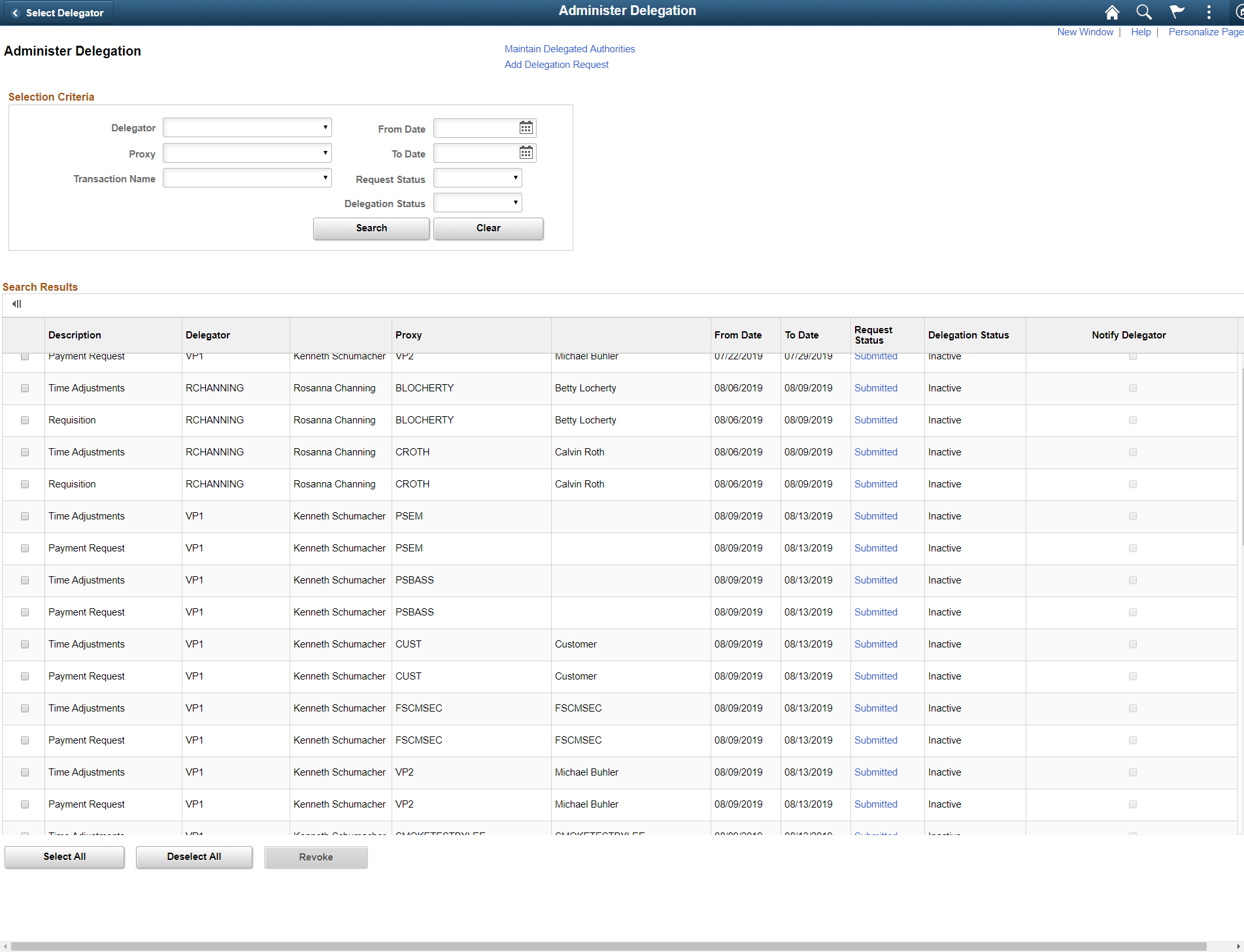 Administer Delegation page