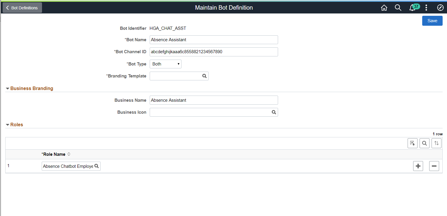 Maintain Bot Definition page