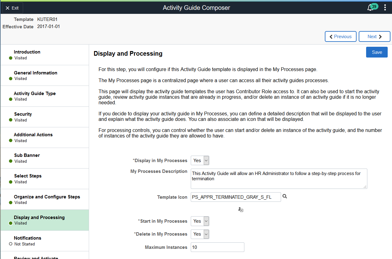 Activity Guide Composer - Display and Processing page