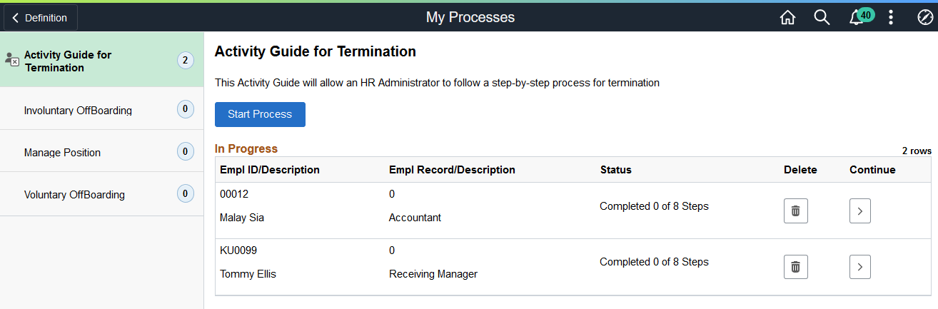 My Processes page