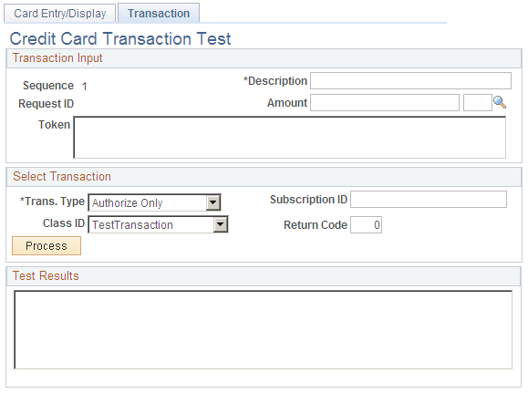 Test Credit Card Interface - Transaction page