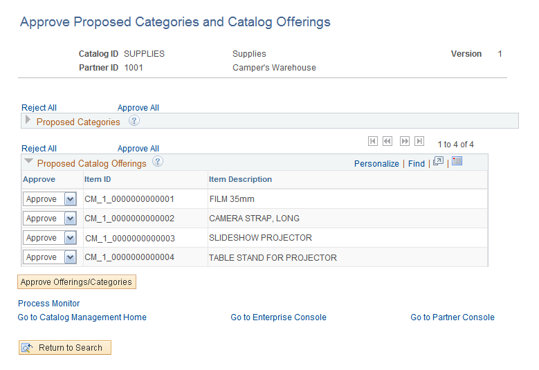 Approve Proposed Categories and Catalog Offerings page