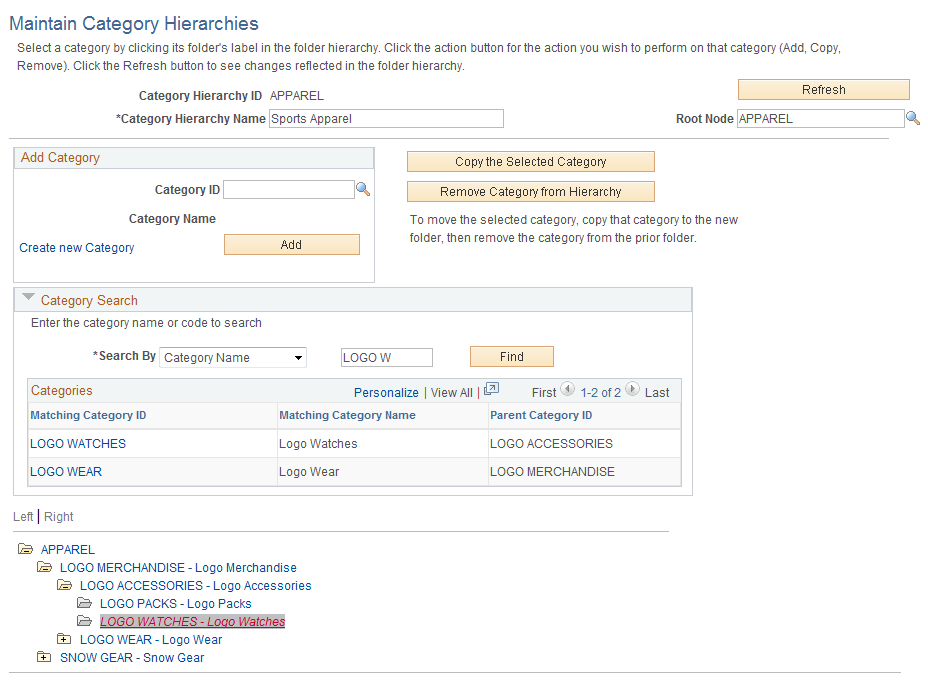 Maintain Category Hierarchies page
