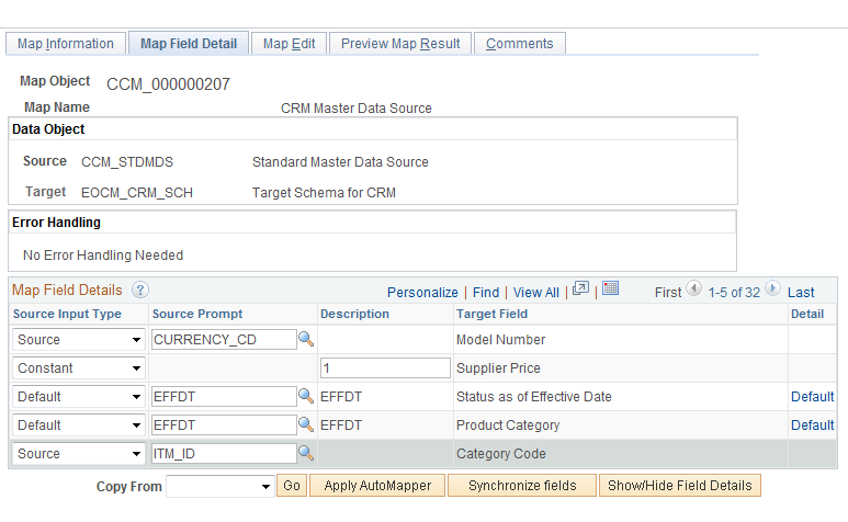 Define Catalog Map - Map Field Detail page