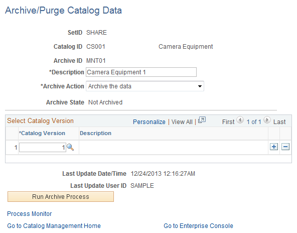 Archive/Purge Catalog Data page