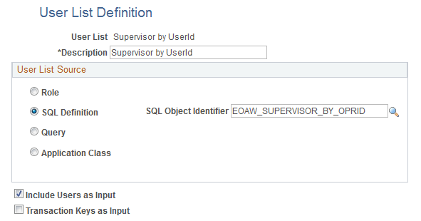 User List Definition page