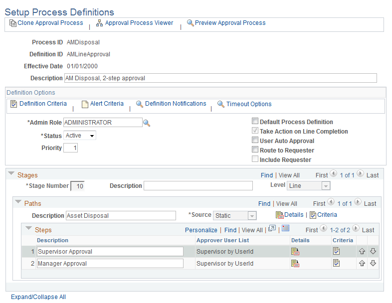 Setup Process Definition page