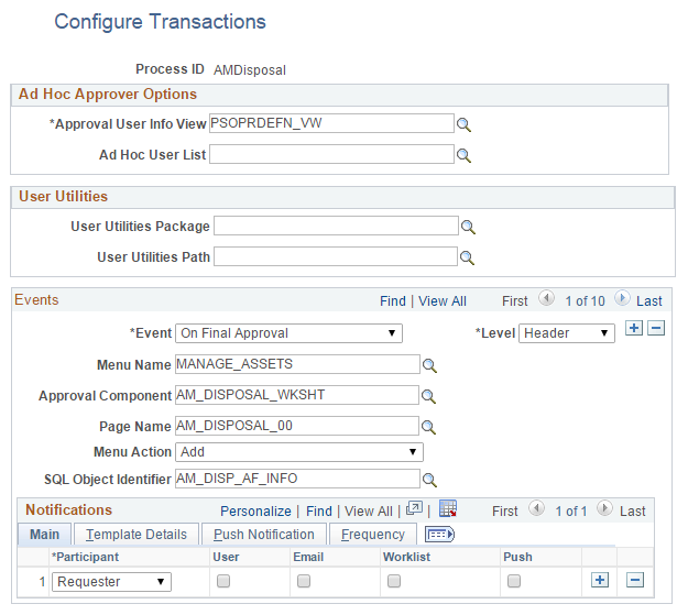 Configure Transactions page