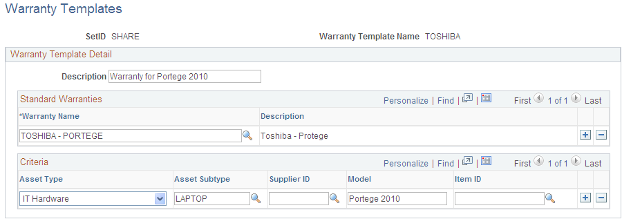 Warranty Templates page