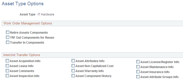 Asset Type Options page