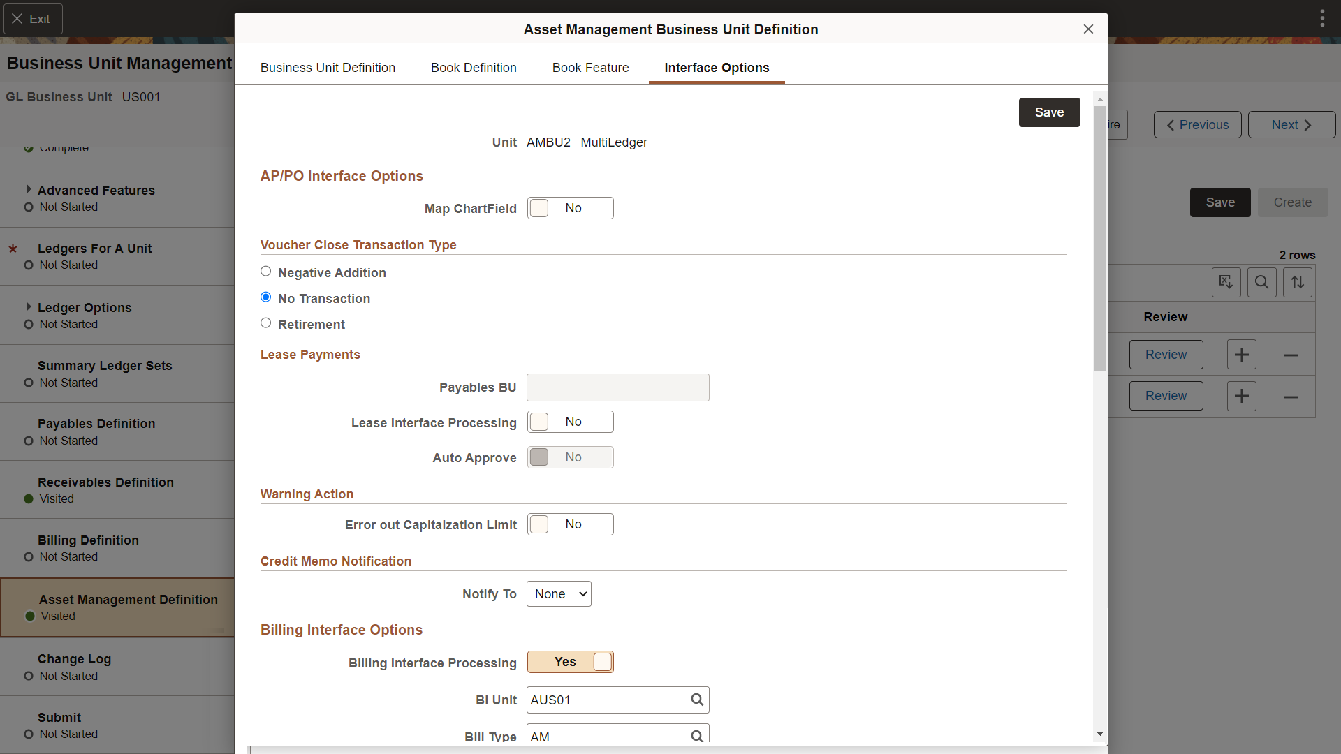 Business Unit Management - Interface Options page