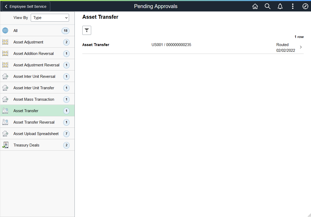 Pending Approvals - Asset Transfer page
