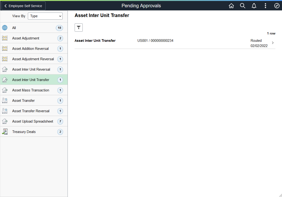 Pending Approvals - Asset Inter Unit Transfer page