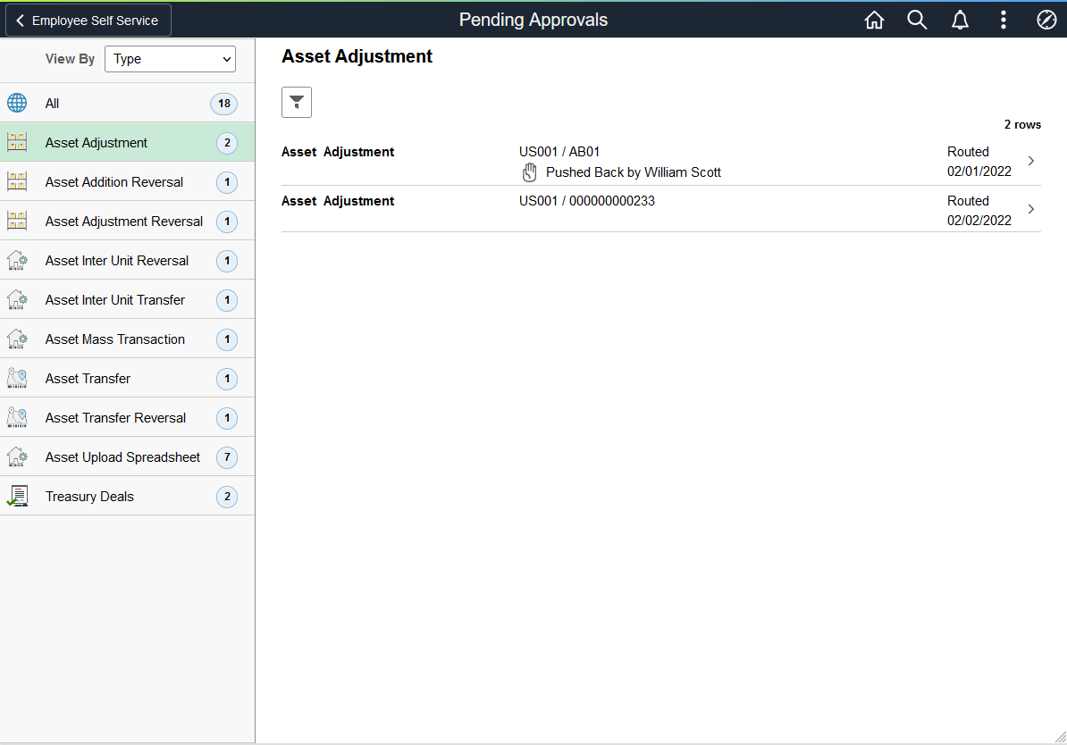 Pending Approvals - Asset Adjustment page