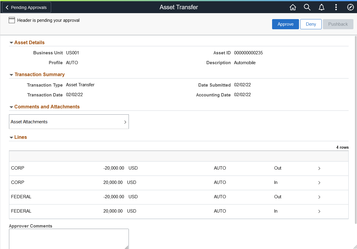 Asset Transfer - Approval Header Detail page