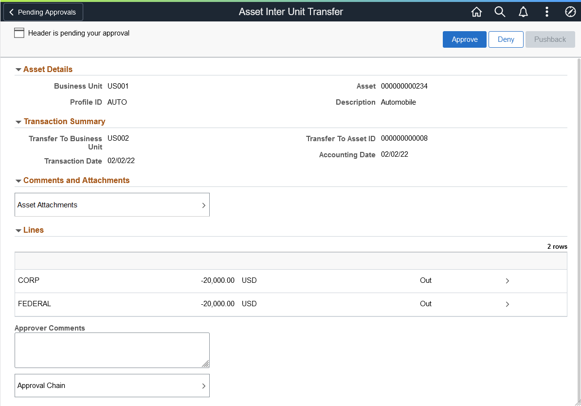 Asset Inter Unit Transfer - Approval Header Detail page