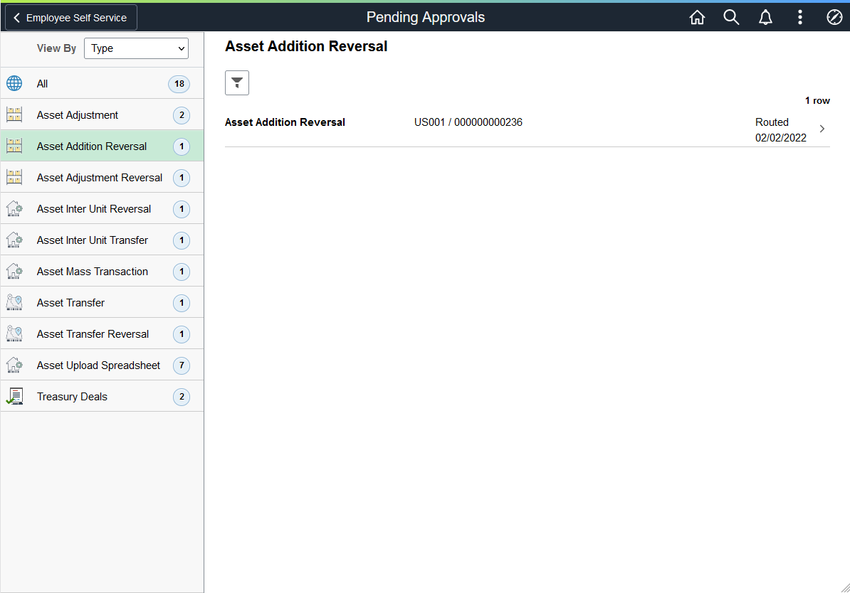 Pending Approvals - Asset Addition Reversal page