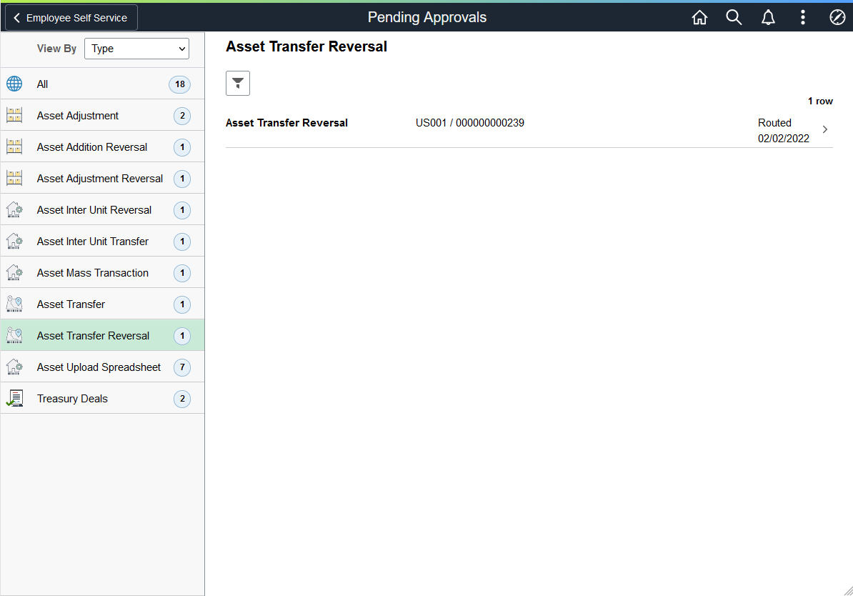 Pending Approvals - AssetTransfer Reversal page