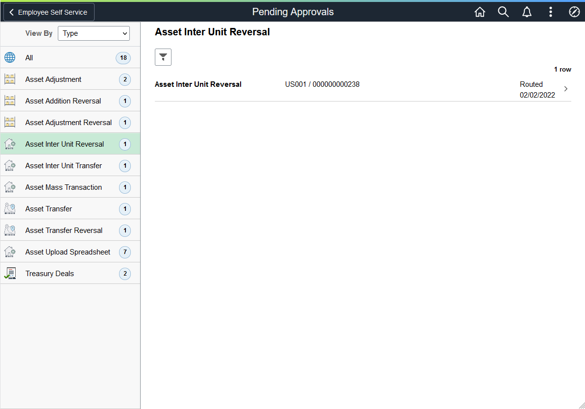 Pending Approvals - Asset Interunit Reversal page