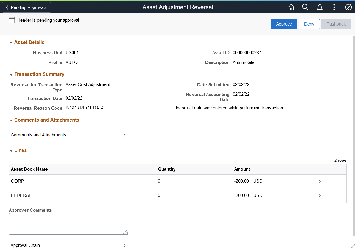 Asset Adjustment Reversal - Approval Header Detail page