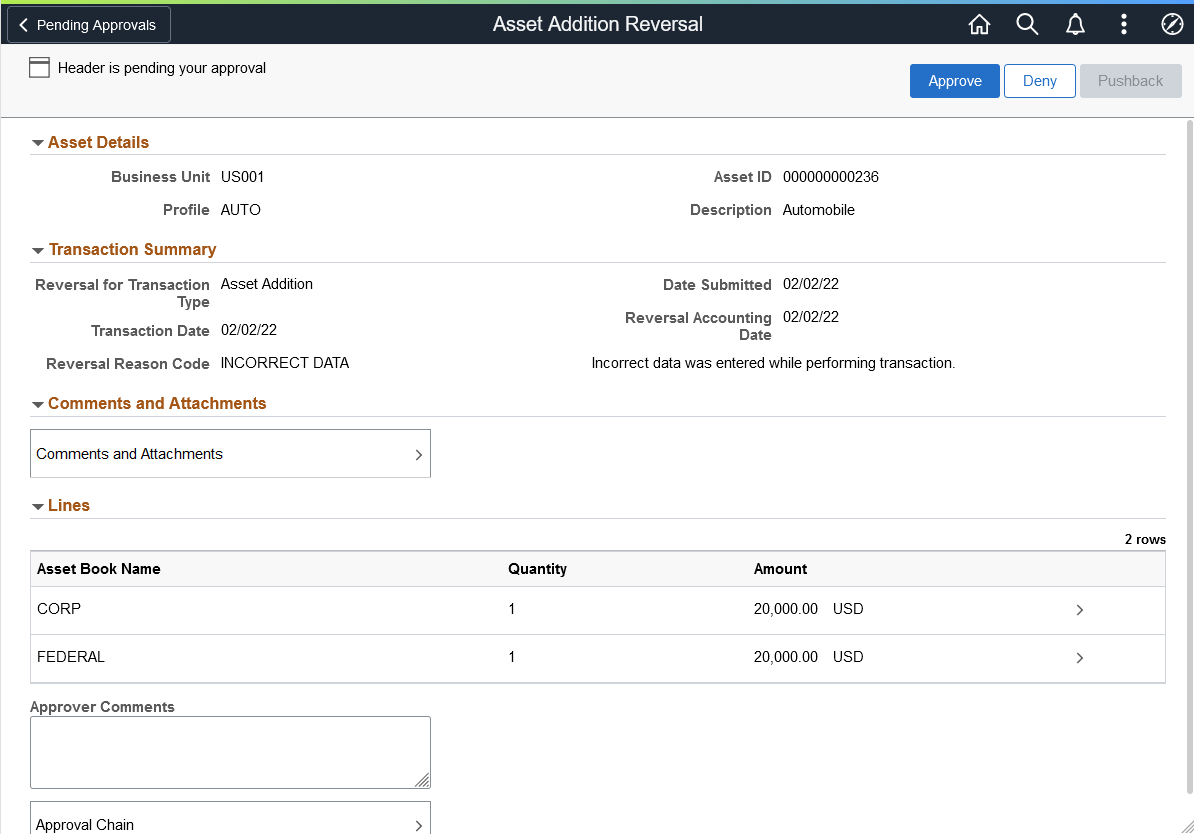 Asset Addition Reversal - Approval Header Detail page