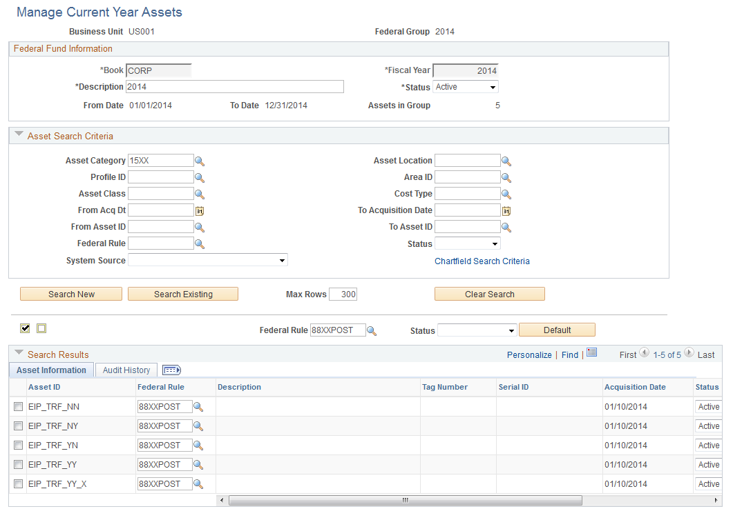 Manage Current Year Assets page
